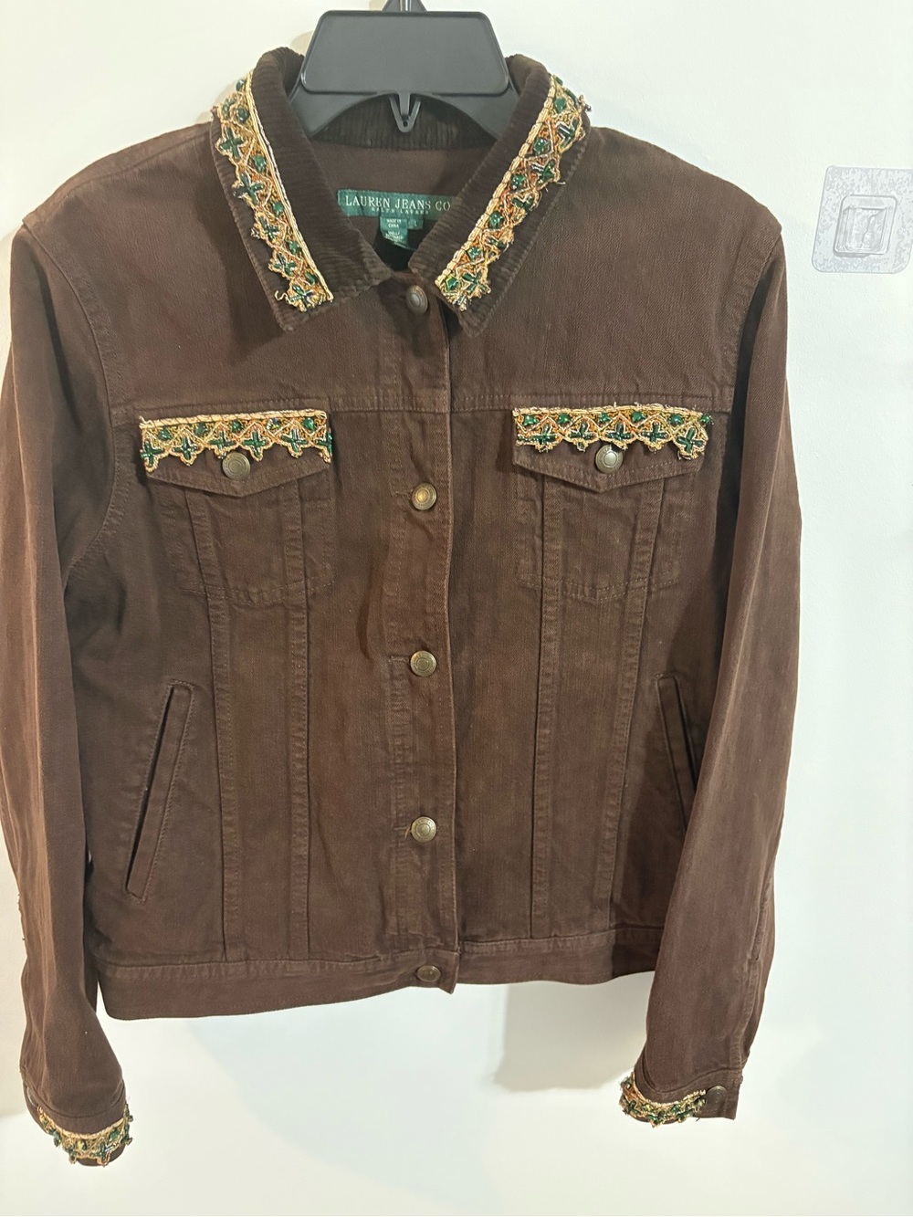 Vintage 90s Lauren Jeans Gold/Green Beaded Denim Jacket Western-Style - Large
